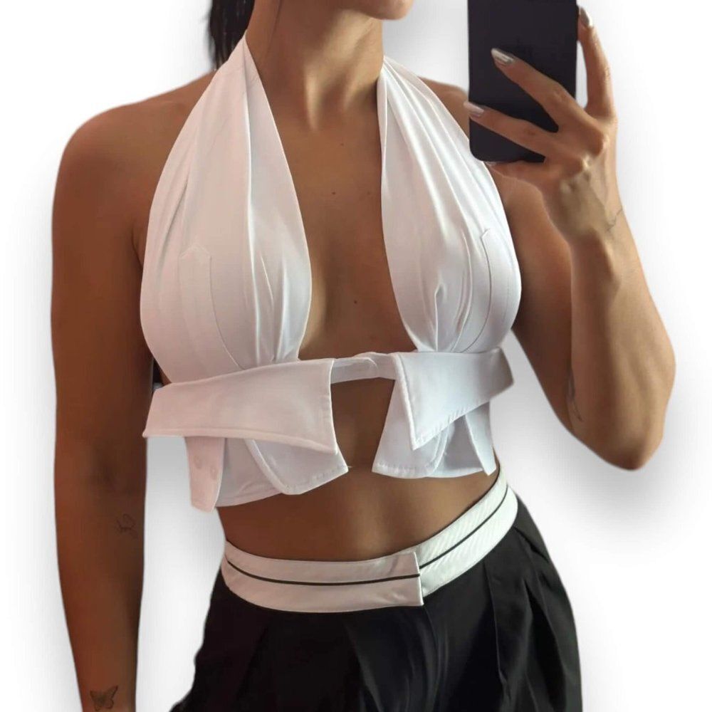 White Wrap Around Neck Backless Crop Top - NWT
